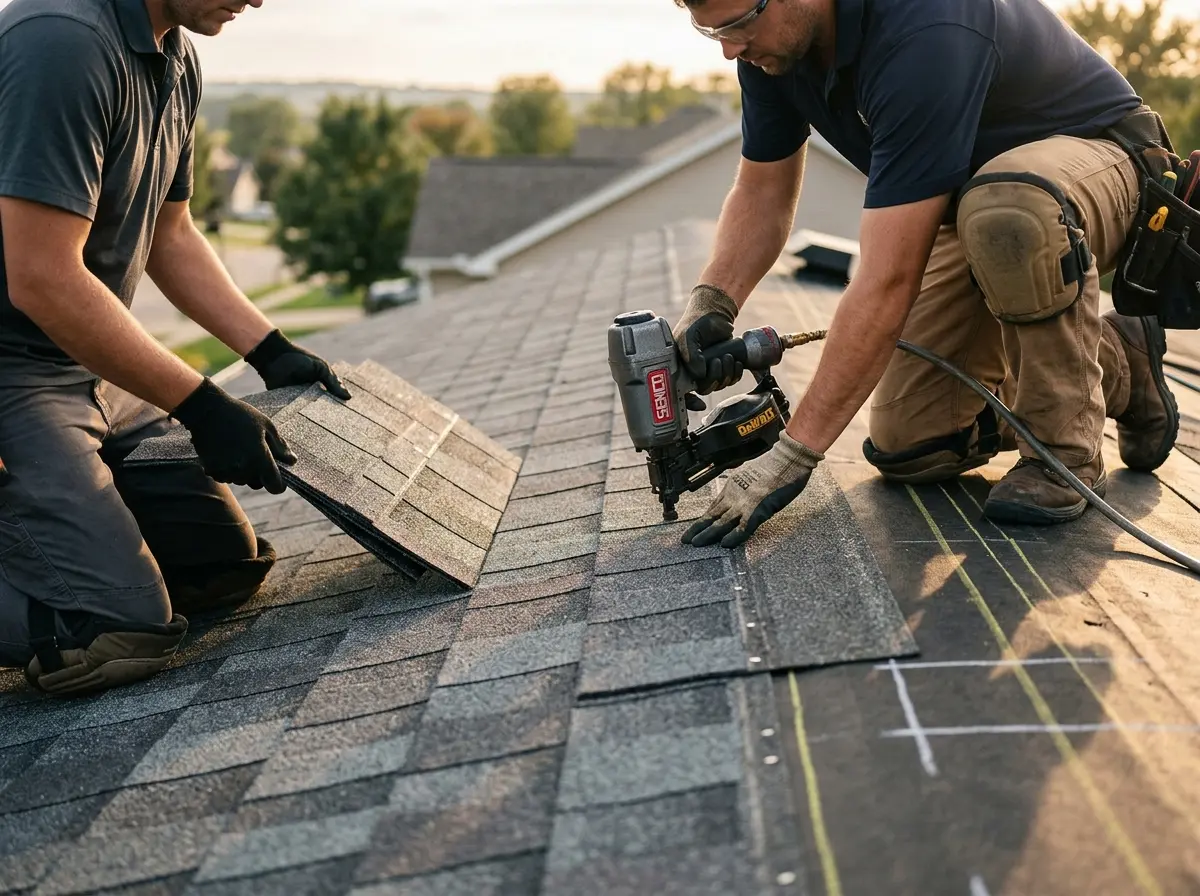Professional roofer working on a residential roof in West Odessa